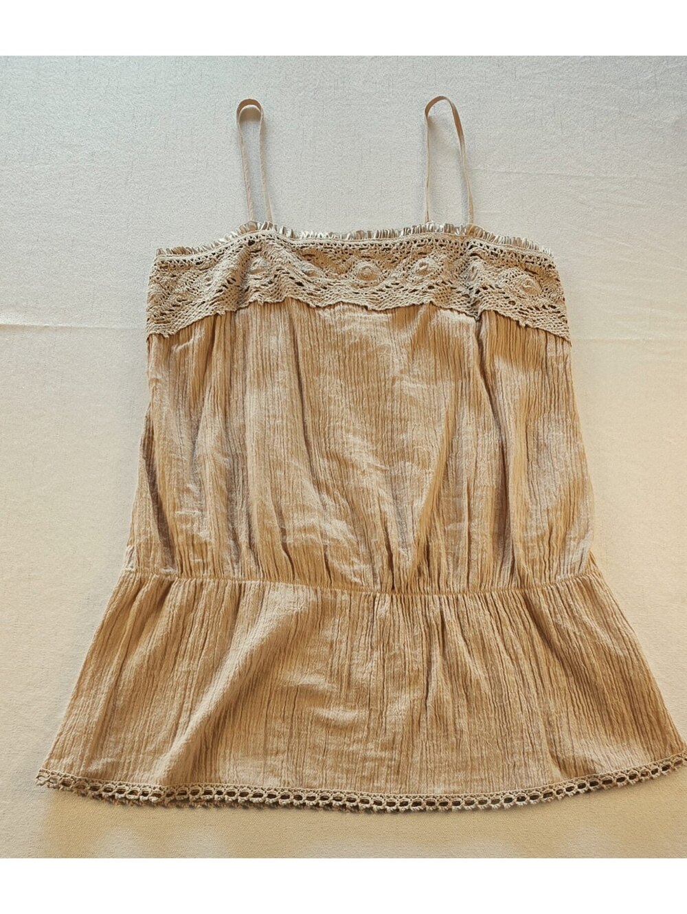 Sweettees Beige Textured Spaghetti Strap Top with Crochet Lace Trim, Size 12